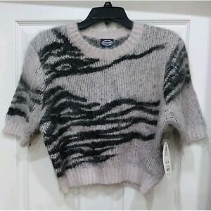 Scoop Women Fluffy Sweater With Short Sleeves Gray Wave Jacquard Large 12-14
